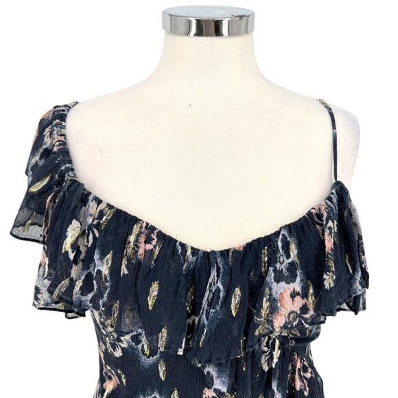 Rebecca Taylor Silk Floral Metallic Double Ruffle One-Shoulder Blue Top Size 6 - Picture 2 of 16